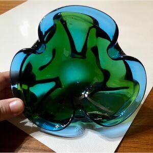 Mid Century MCM Murano Style Czech Art Glass Blue Green Ashtray Trinket Bowl